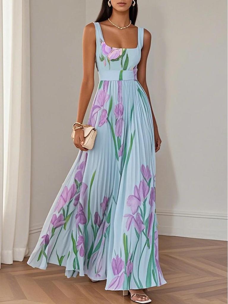 2026 Europäisches und Amerikanisches Damen-Spaghettiträger Digitales Florales Plissee-Langkleid