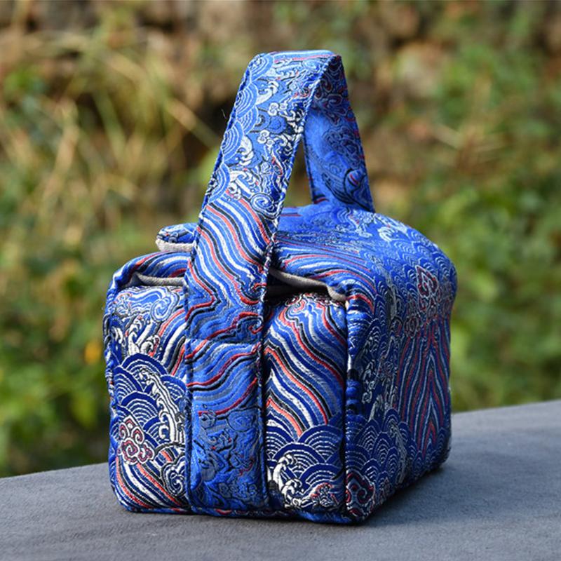 Vintage Teaware Storage Travel Bag Fabric Thickened Protective Tea Set Organizer Outdoor Portable Bag for One Teapot+Two Teacups