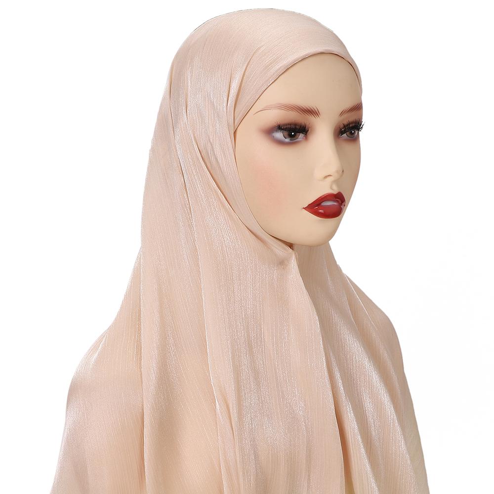 New Solid Color Glitter Hijabs 2Pcs With Undercap Muslim Ladies Soft Head Wrap Shimmer Satin Crepe Hijab Shawl