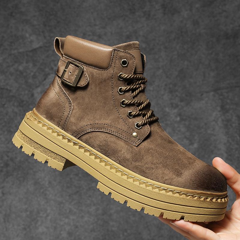 New Suede Leather Men's High Top Shoes Outdoor Fashion Ankle Boots Hiking Shoes Men Casual Shoes Retro Motorcycle Boots Sneakers