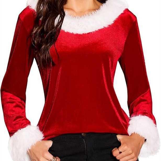 Velvet Plush One-Shoulder Christmas Women's Top: Long Sleeve Festival Party Outfit