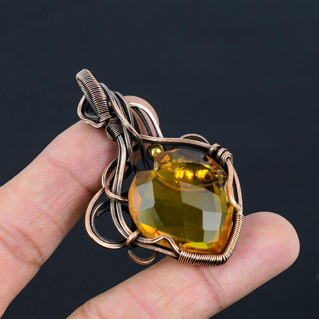 Citrine Gemstone Handmade Pure Copper Wire Wrapped Pendant Jewelry For Memorial Day
