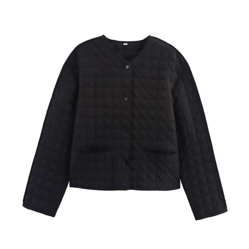 Womens Winter Plaid Cotton-Padded Coat Loose Fit Round Neck Long Sleeve Single Breasted Outerwear