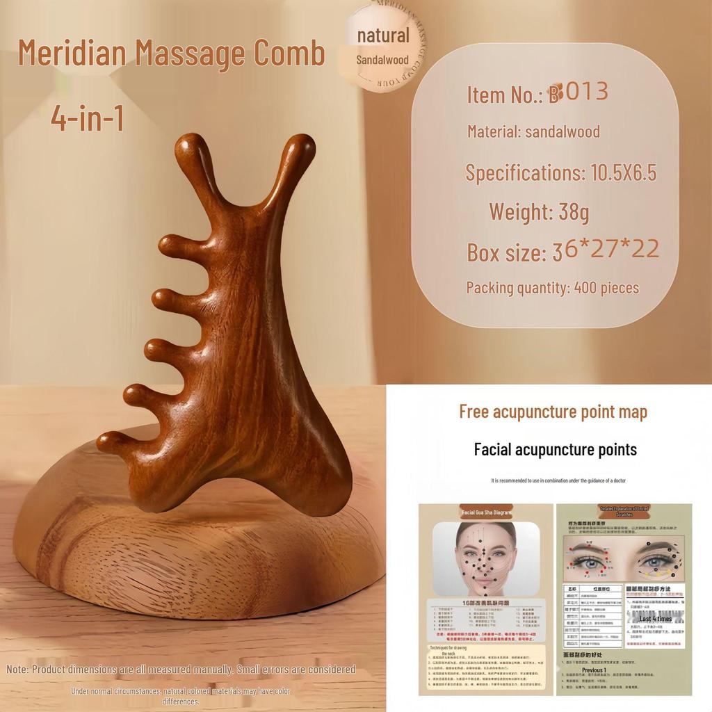 Sandalwood Multi-Functional Five-Tooth Gua Sha Massage Comb for Scalp and Face Therapy