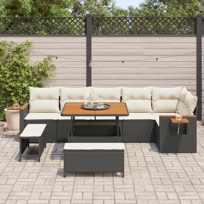 Ensemble de canapés de jardin 9 pièces avec coussins noir poly rotin acacia 3365135