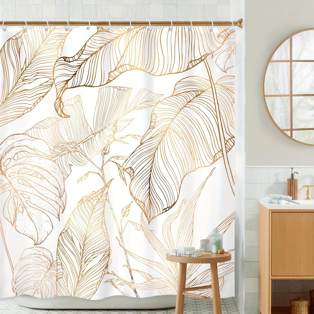 1/4pcs White Golden Tropical Leaf Waterproof Shower Curtain Set Decorative Bathroom Set Non-Slip Carpet Toilet Cover Bath Mat And 12 Hooks