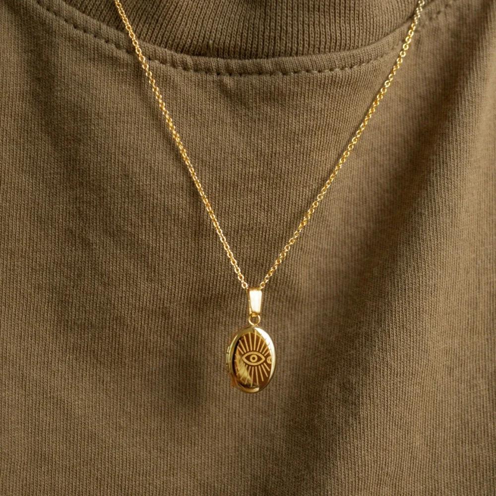 Gold Color Elliptic Sun Moon Eye Pendant Necklace Stainless Steel Geometric Opening Closing Photo Box Choker Trendy Jewelry