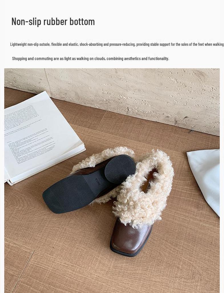 Lässige Blockabsatz Fellige Loafer mit eckiger Zehenpartie - Neue Wintermode Plüsch Lederschuhe
