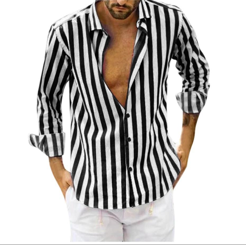 Men's Autumn Long Sleeve Striped Shirt Lapel Loose Tops Man Clothing