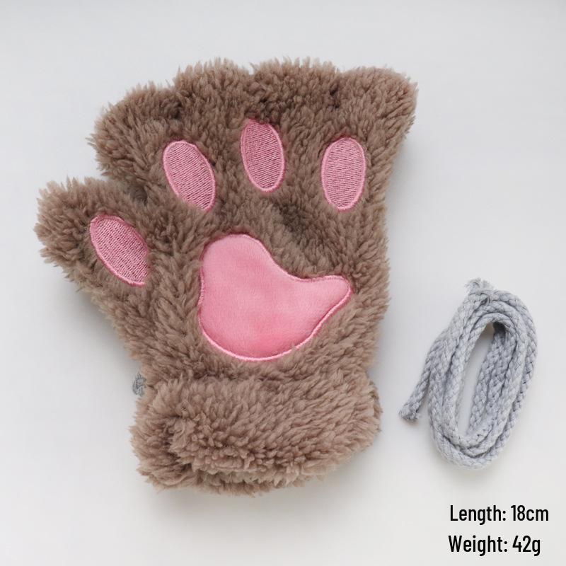 Niedliche Cartoon-Kätzchen Damen Fingerlose Winterhandschuhe - Fleecegefüttert Bärenpfoten-Design