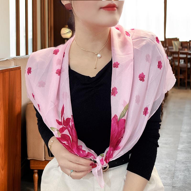 Large 95cm Square Korean Silk Chiffon Scarf for Women - Printed Neck or Head Scarf