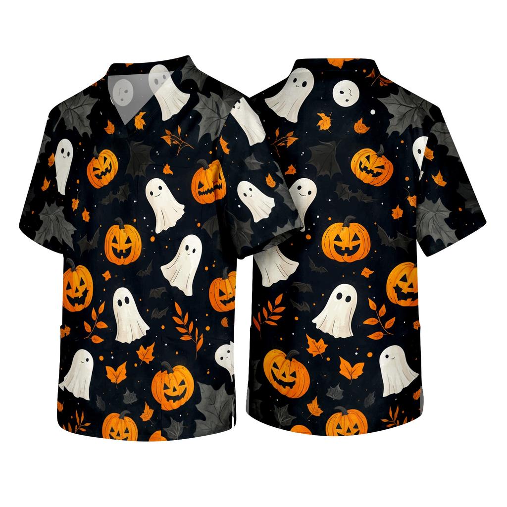Men's V Neck Halloween Print Pocket Scrub Top Short Sleeve Medical Workwear Uniform Shirt for Healthcare Professionals