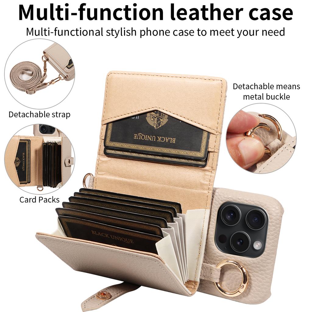 Neue stylische Kunstleder-Handyhülle für das iPhone 16 15 14 13 12 11Pro Max Plus 7 8Series mit Ring, Multi-Kartensteckplatz, Standfunktion