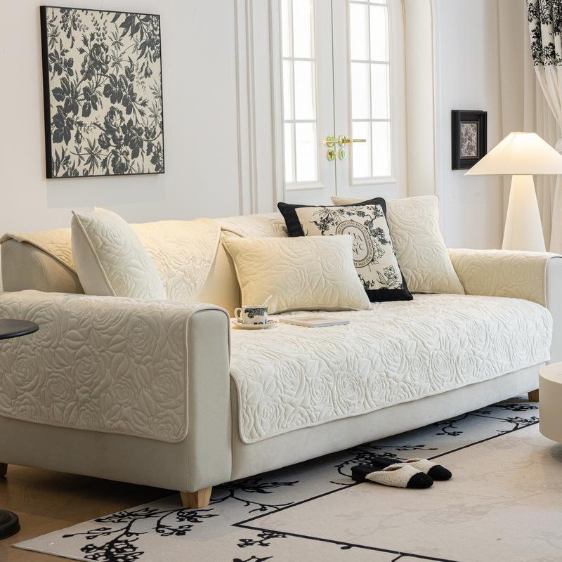 Simple Sofa Cushion Winter Crystal Fleece Short Plush Seat Cushion Cushion Cover Towel Non-Slip Cream White New Sofa Cover