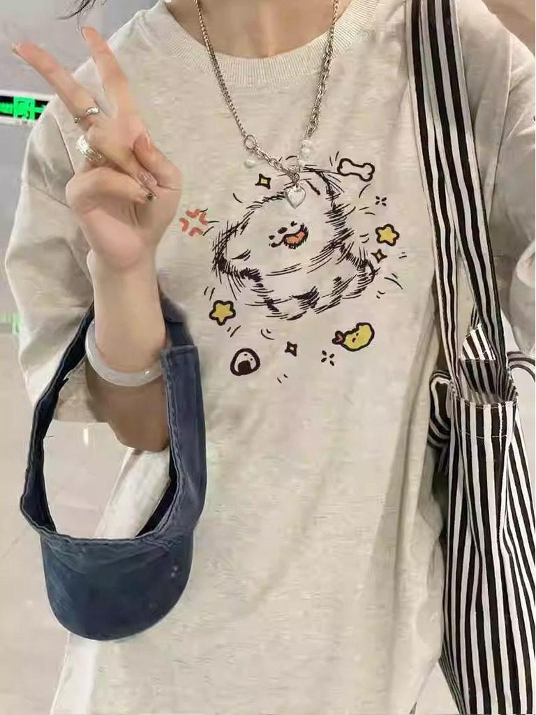 Korean Style Plus Size Cartoon Cotton T-shirt for Women - Summer Loose Fit Half Sleeve Design