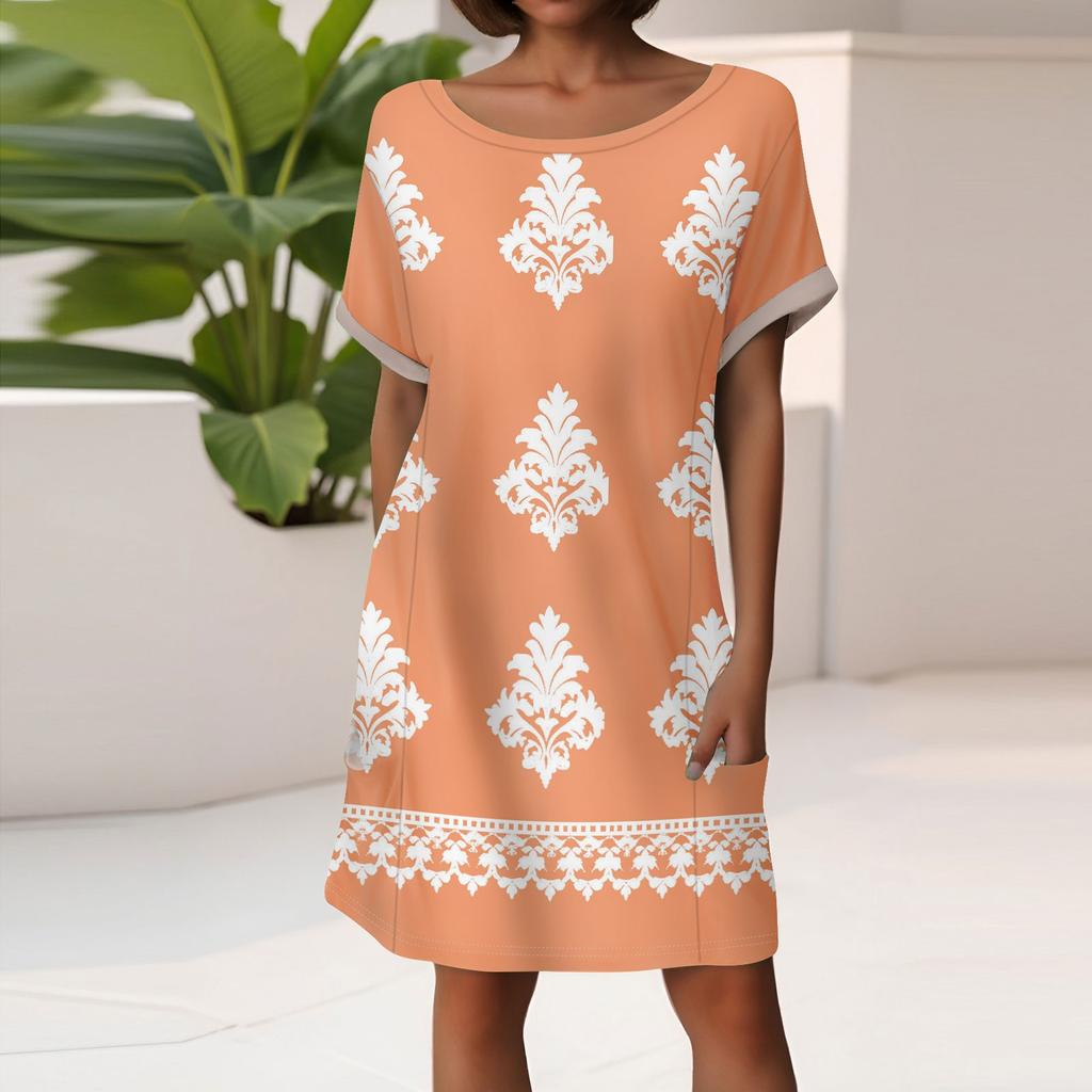 Women's Fashion Short Sleeve Dress With Pockets Floral Print Casual Beach Dress
