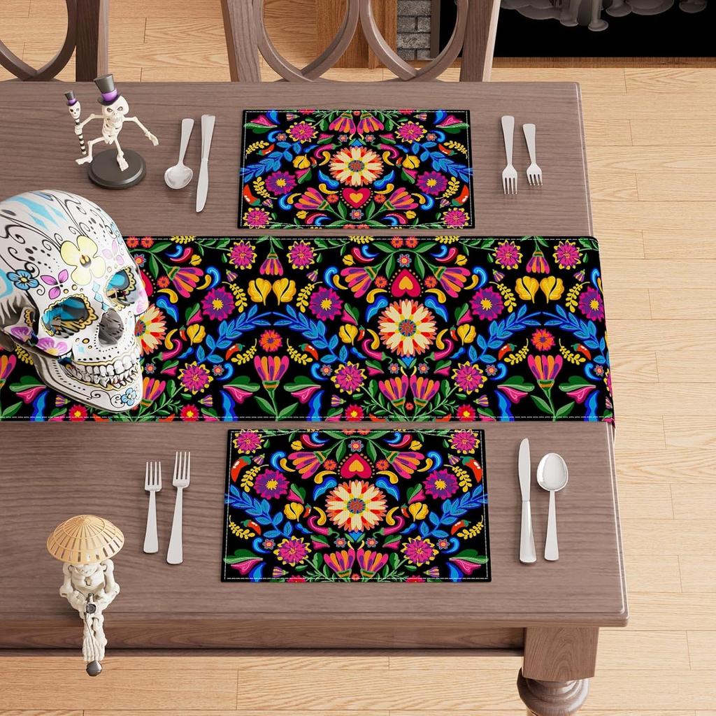 Colorful Flowers Peppers Dia De Los Muertos Cinco De Mayo Day of The Dead Placemats Set of 4 Table Mats for Party Home Kitchen Dining Table Decoration