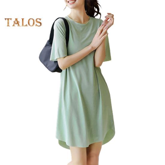 

Женское летнее платье с круглым вырезом, свободное однотонное платье с короткими рукавами из ледяного шелка, повседневная одежда, домашняя одежда, пижамы длиной до колена, ночная рубашка зелёный