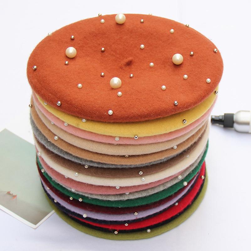 Pearl Rivet Painter Hat Femininity Luxury Wool Beret Gypsy Star Bead Bud Hat