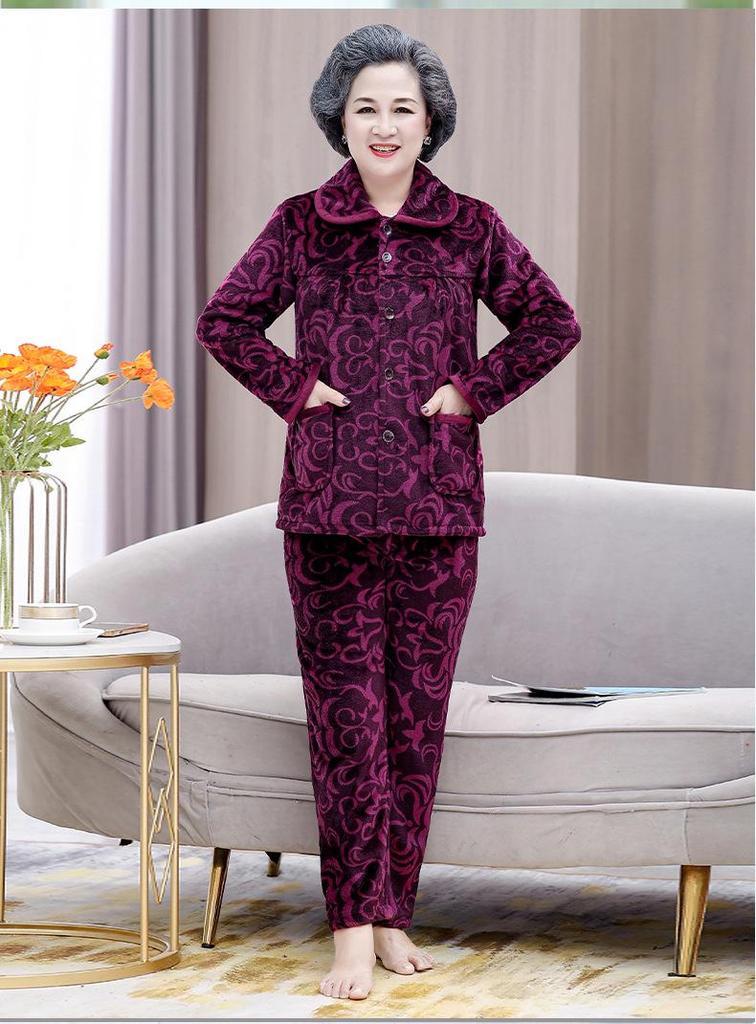 Women's Winter Warm Flannel Pajamas Set for Middle-Aged and Elderly - Cozy Granny Home Wear for Autumn and Winter