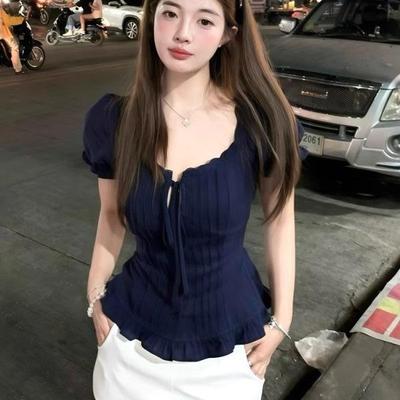 2025 Summer Plus Size Women's Navy Blue Bow Lace Trim Short Sleeve Slimming Blouse