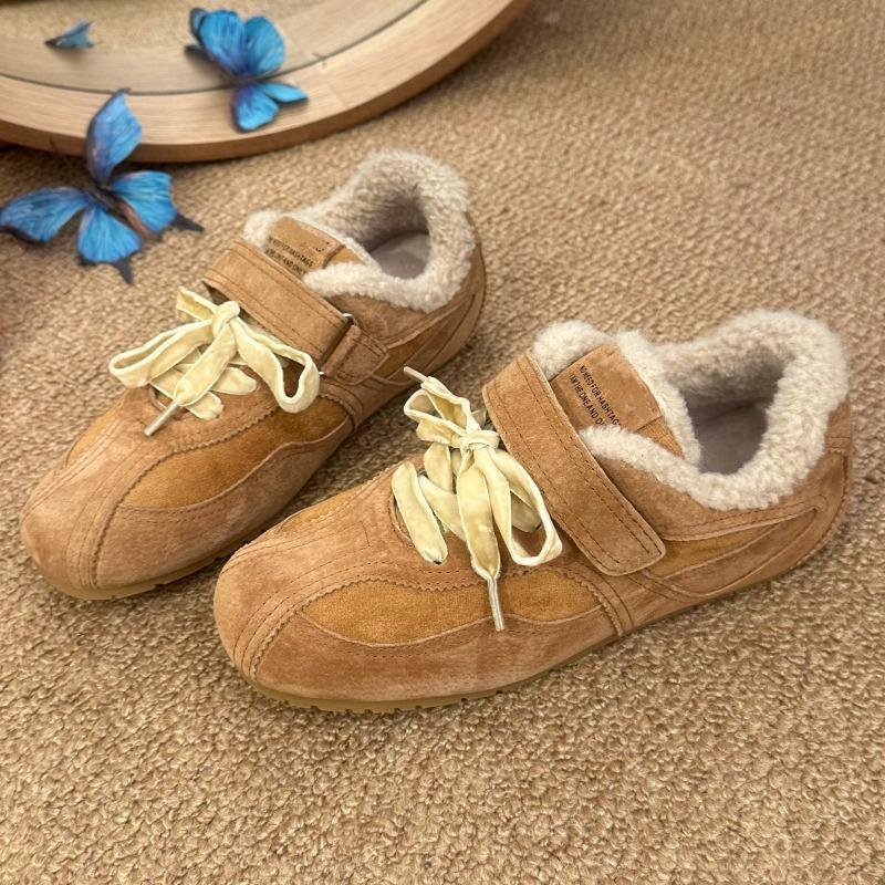 Fashion Winter New Flat Cotton Shoes Women's Fashion Round Head Splicing Suede Front Lacing Soft Sole Anti-slip Low-top Shoes