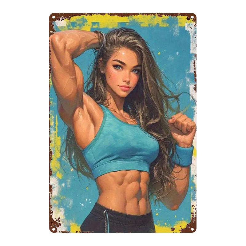 D Flat Metal Sign Strong Muscular Woman Fitness Girl Bodybuilding Gym Motivation Vintage Wall Art Poster