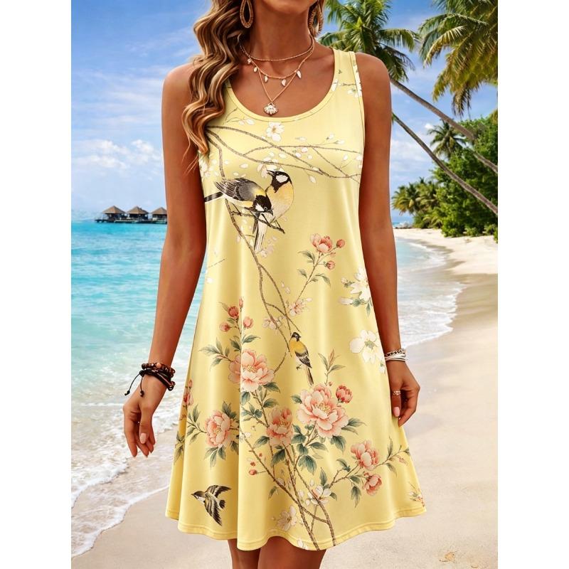 Women's Round Neck Sleeveless Lotus & Bird Print Casual A-Line Mini Dress, Elegant Tank Dresses for Spring & Summer