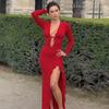 Elegant Deep V-neck High Slit Party Evening Dress Spring Autumn Ruffle Edge Sexy Lace Up Bodycon Dresses Long Sleeved Robe 15