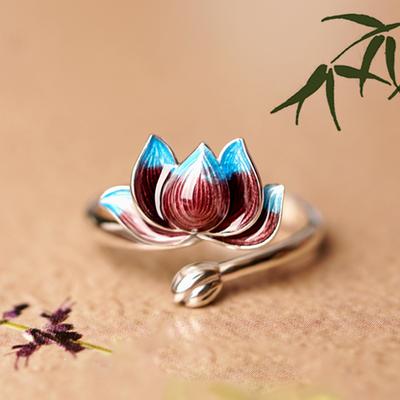 Retro Chinese Cloisonne Lotus Flower Ring For Women Punk Gothic Vintage Open Ring Handmade Designer Zircon Unisex Accessories