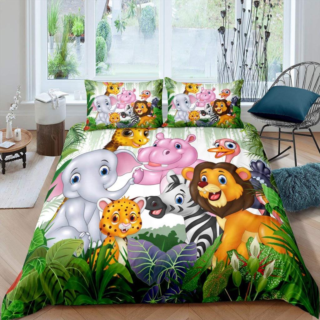 Cartoon Animals Duvet Cover Set King Size Savannah Tropical Forest Jungle Wildlife Bedding Set Kids Zoo Polyester Quilt Cover