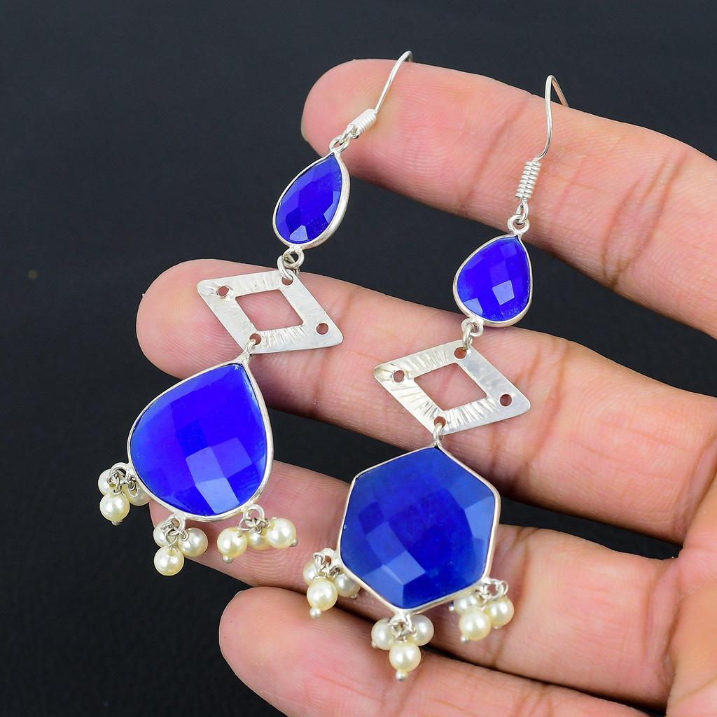 Halloween Sale 925 Silver Hexagon Blue Sapphire Stone Dangling Earrings Jewelry