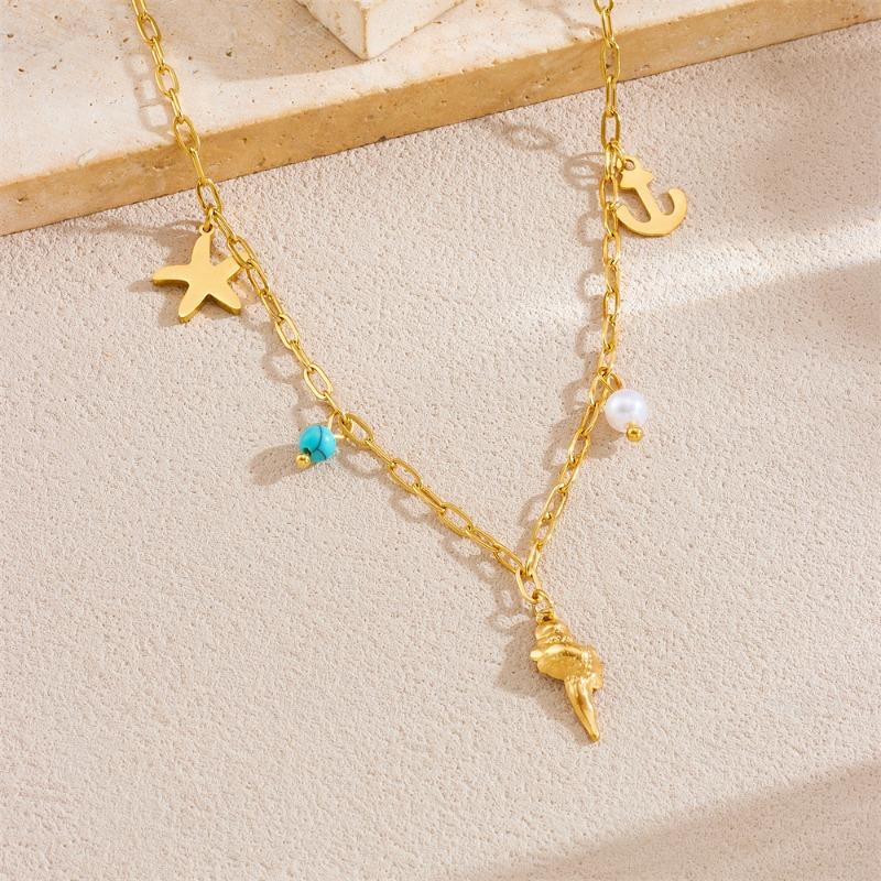 Gold Paperclip Chain Ocean Charm Necklace with Starfish and Anchor