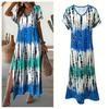 Women Summer Dress V-Neck Short Sleeve Side Slit Design Maxi Dress Tie Dye Print