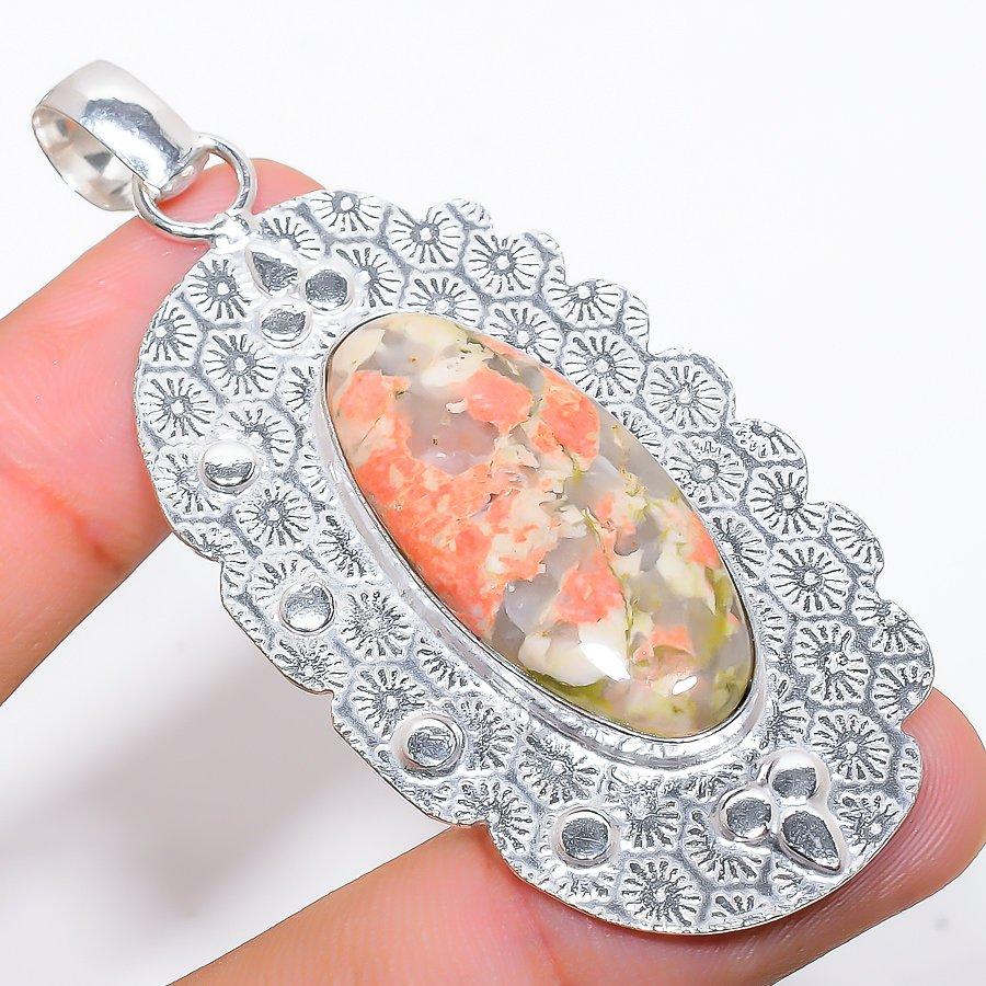 Unakite Gemstone Handmade 925 Sterling Silver Jewelry Pendant 2.80"