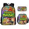 Monster Singer Elementary School Bag Three-Piece Nylon Printed Backpack Breathable Backpack Lightweight