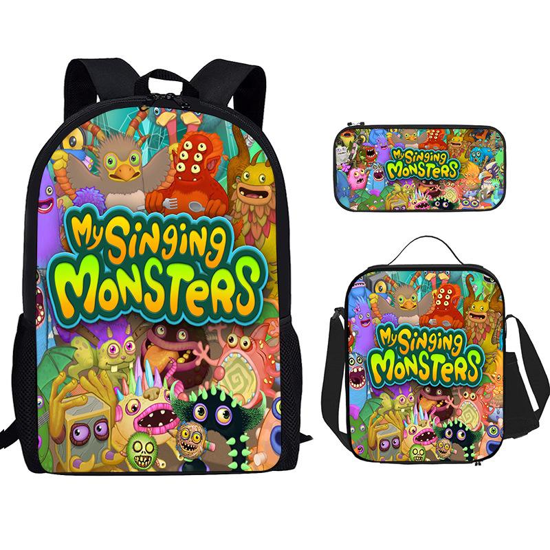 Monster Singer Elementary School Bag Three-Piece Nylon Printed Backpack Breathable Backpack Lightweight