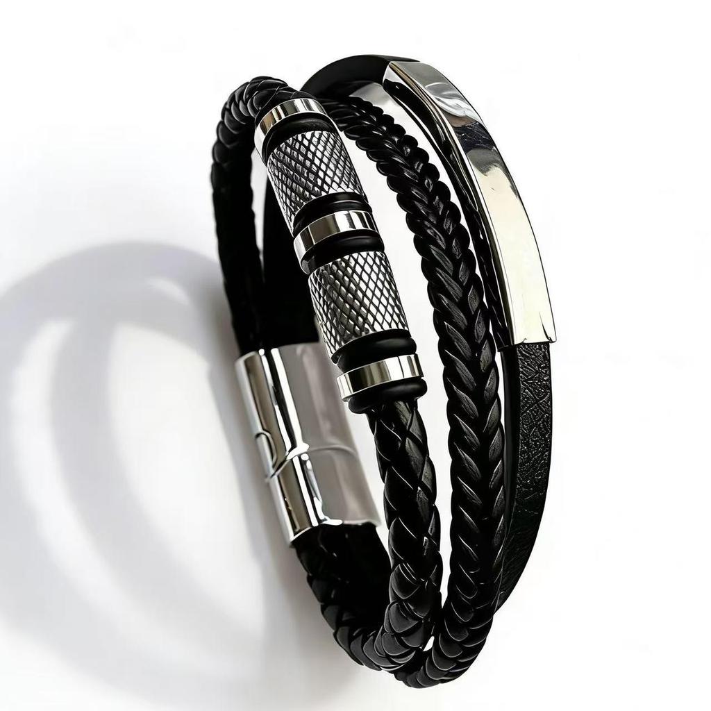 Men's Multi-layer Woven Leather Bracelet with Stainless Steel Tube