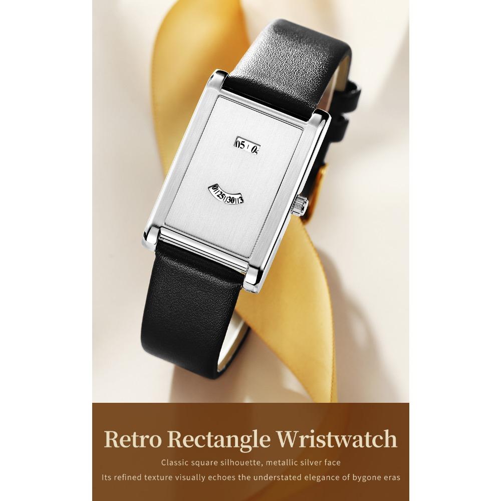 Women Rectangle Quartz Wristwatch Leather Strap Date & Minute Display Dress Daily Watch