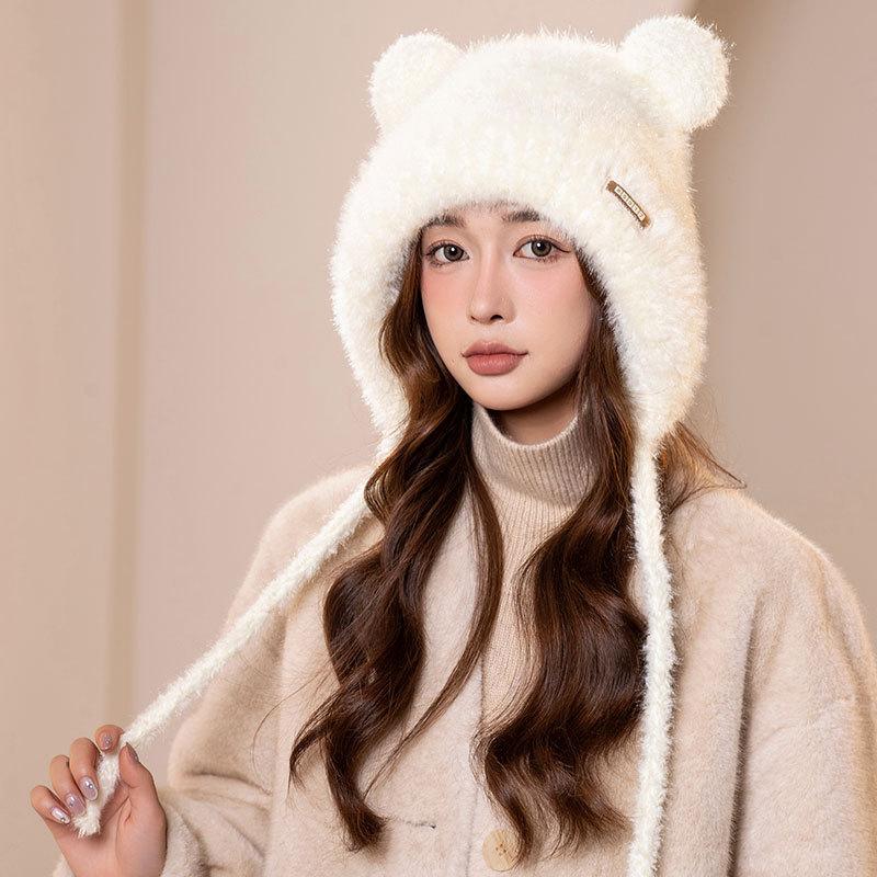 Cute bear fleece warm knitted ear hat women winter thickened cycling skiing plush pullover tide