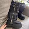 New Ladies Chunky Motorcycle Boots Soft Leather Ankle Mid Calf Boots Autumn High Platform Wedge British Booties Botas Para Mujer