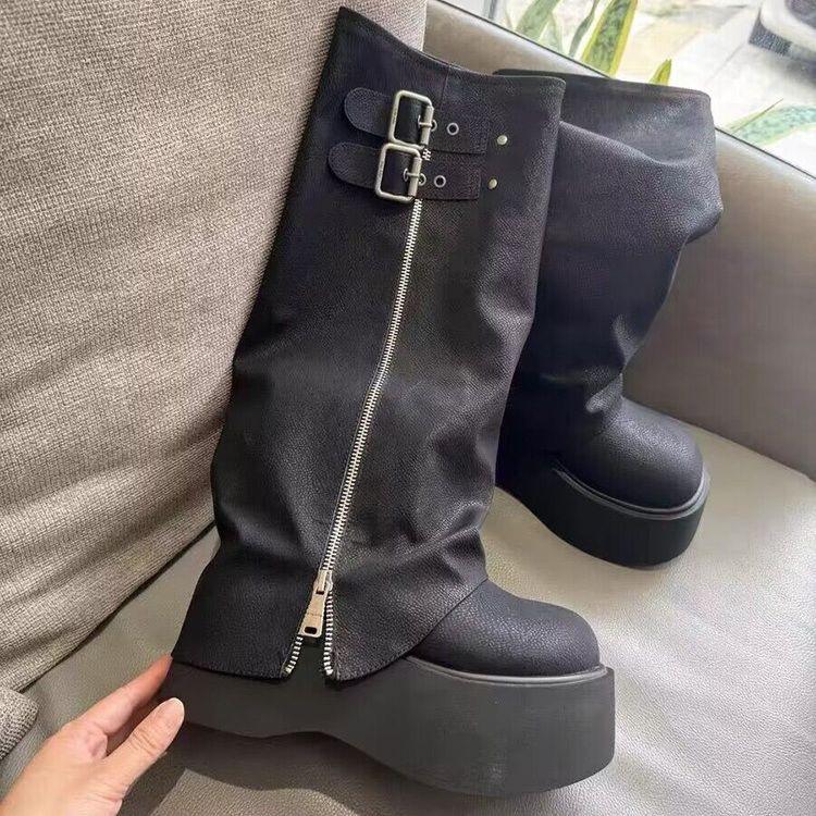 New Ladies Chunky Motorcycle Boots Soft Leather Ankle Mid Calf Boots Autumn High Platform Wedge British Booties Botas Para Mujer