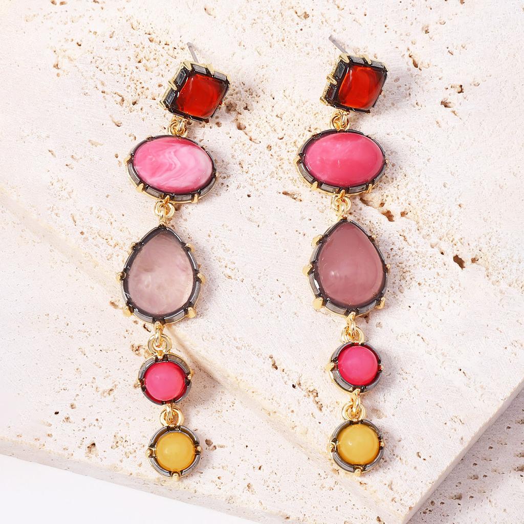 Retro Color Resin Geometric Multi-layer Splicing Long Drop Earrings Light Luxury Fashion Casual Women's Models