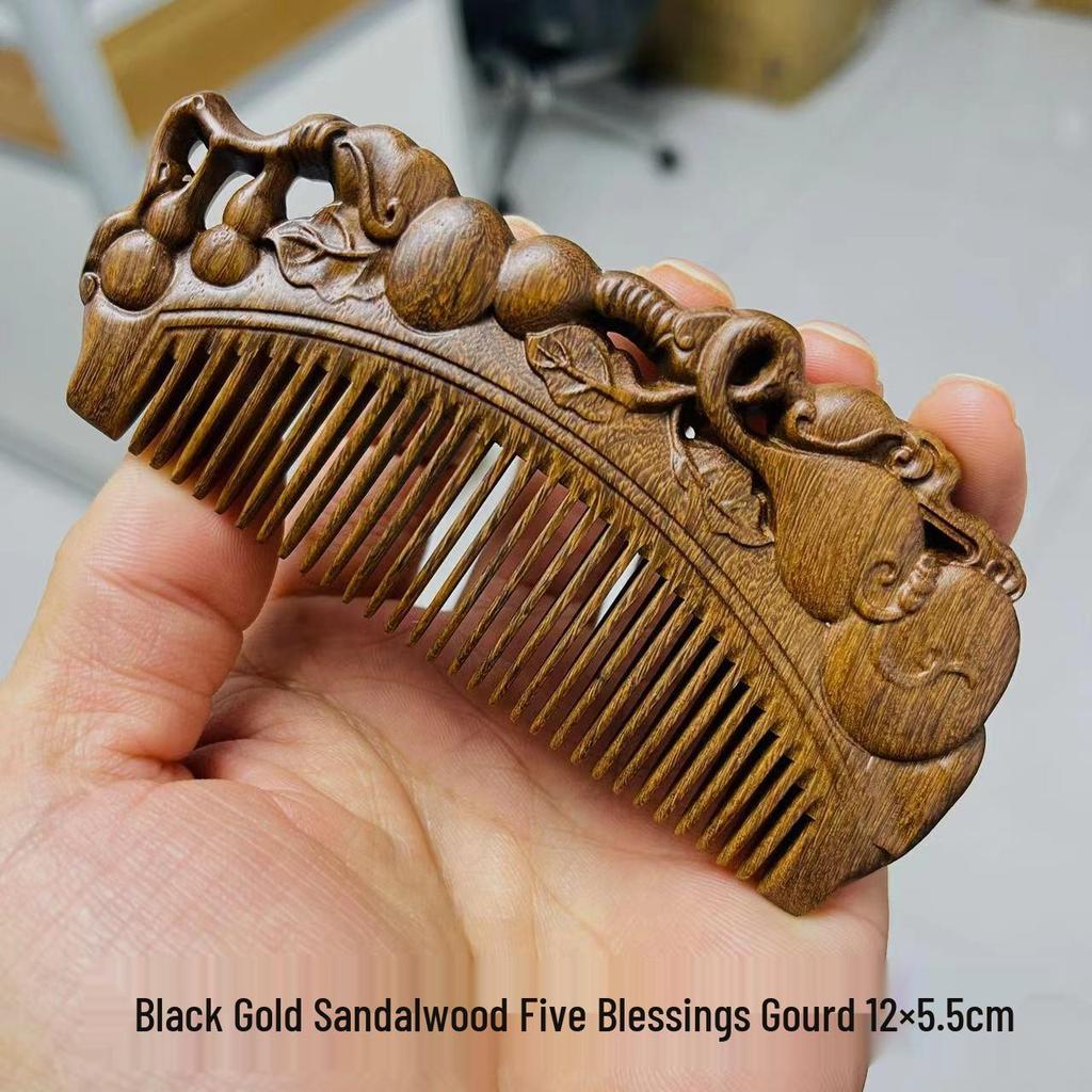 Engraved Green Sandalwood Comb - Black Gold Carved Design, Gift Box Included