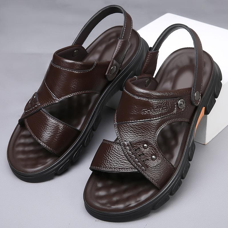 Fashion Mens Open Toe Cowhide Sandals Fashion Business Genuine Leather Casual Slippers Men Summer Flat Shoes Luxury Brand Roman Slippers