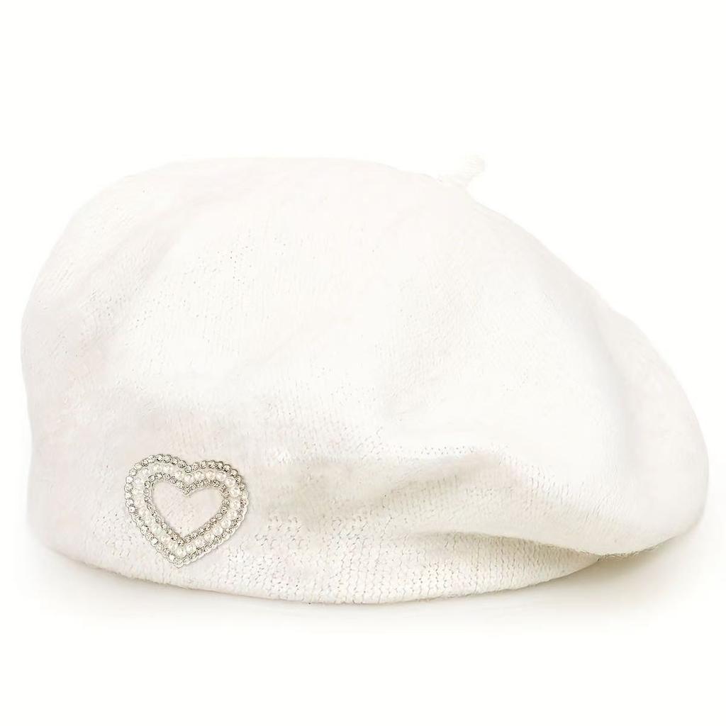 New autumn and winter wool beret women's pearl love rhinestone French face small warm painter hat
