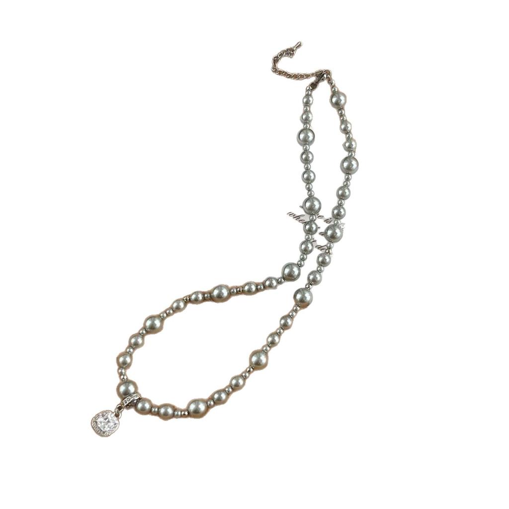 Square Diamond Grey Pearl Necklace Women's Premium Removable Pendant Decorative Clavicle Chain Temperament Sweater Chain