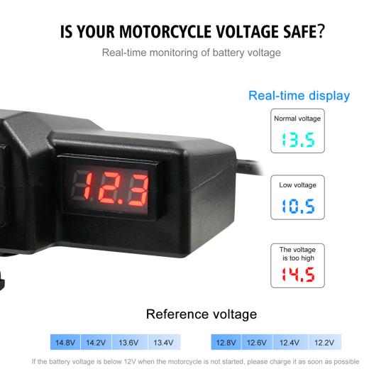 Motorcycle Multifunctional Dual USB Mobile Phone Charger Adapter with Voltmeter