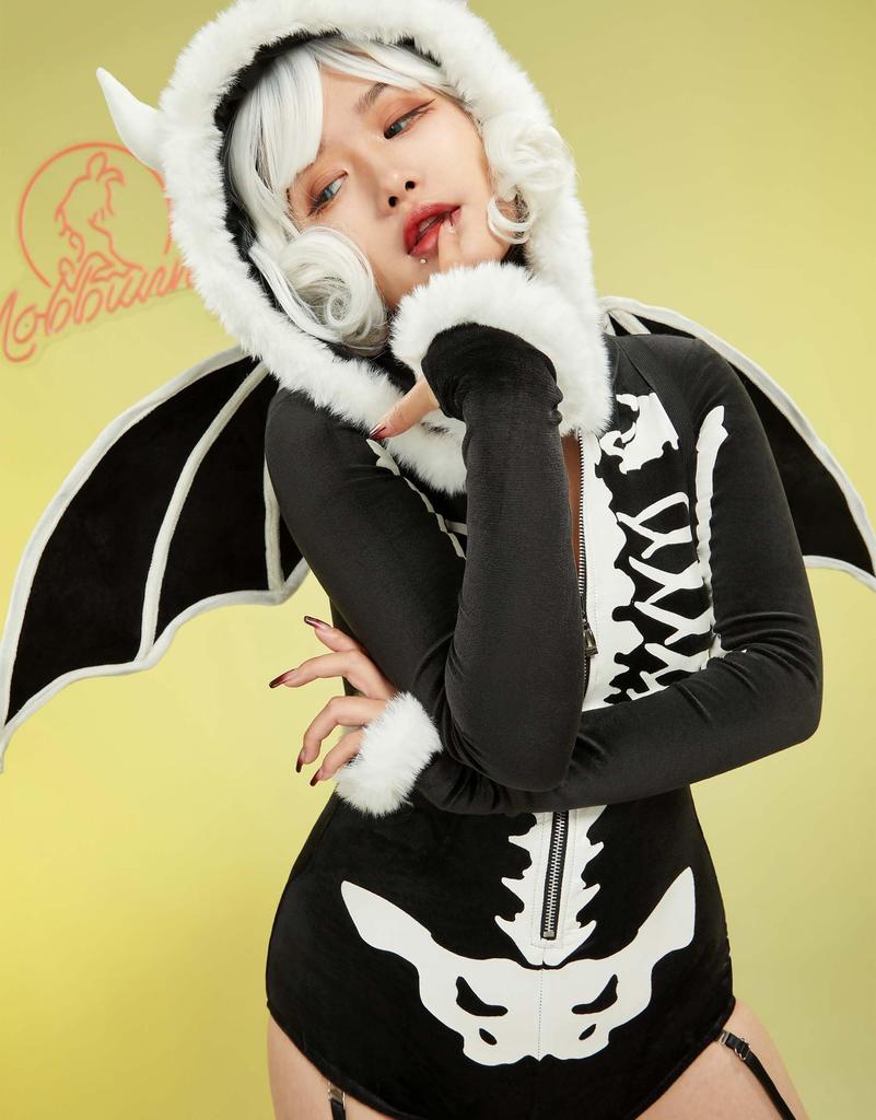 Mobbunny Gotik Güzellik Kurukafa İskelet Sevimli Kıyafet Siyah Kadın Kostümü, Cosplay, Anime, Oyun, Ev Giyim, Pijama, Body, Leotard, Kapüşonlu, Baskılı,