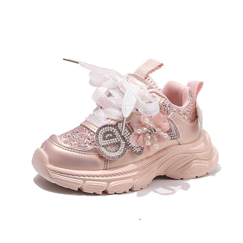 2025 autumn new baby sports shoes children's flowers bright diamond dad shoes soft sole non-slip little girl foreign tide